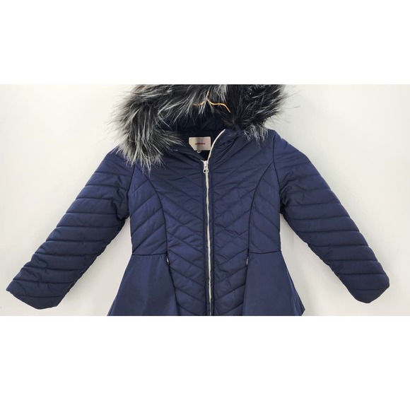 Catimini Blue Peplum Quilted Parka w/ Detachable Faux‎ Fur Trim On Hood Size 4 - Picture 4 of 10